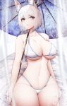  1girl absurdres animal_ear_fluff animal_ears azur_lane bangs bare_arms bare_shoulders bikini blue_eyes blue_umbrella breasts commentary cowboy_shot fox_ears fox_tail groin highres kaga_(azur_lane) large_breasts large_tail looking_at_viewer navel oil-paper_umbrella pink_lips samip short_hair solo stomach swimsuit tail thighs umbrella white_bikini white_hair 