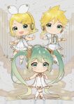  1boy 2girls absurdly_long_hair ahoge ballet_slippers blonde_hair bow chibi clenched_hand closed_mouth en_pointe flipped_hair gradient_hair gramophone_len gramophone_miku gramophone_rin green_eyes green_hair hair_bow hand_up hands_up hatsune_miku headphones highres kagamine_len kagamine_rin kikuchi_mataha kneehighs leg_ribbon long_hair looking_at_viewer medium_hair miku_symphony_(vocaloid) multicolored_hair multiple_girls official_alternate_costume open_mouth pleated_skirt ribbon see-through shirt short_ponytail shorts skirt smile socks spiked_hair standing twintails very_long_hair vocaloid white_bow white_footwear white_shirt white_shorts white_skirt white_socks 