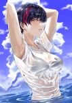  1girl arms_behind_head bikini black_bikini black_hair blue_sky blush breasts cleavage cloud day looking_at_viewer ocean original outdoors parted_lips partially_submerged red_hair see-through short_hair sky solo swimsuit tsukumo_nikyu two_side_up wet wet_clothes 