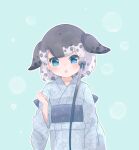  1girl alternate_costume back_bow blowhole blue_bow blue_eyes blue_kimono bow commentary_request grey_hair hair_bow highres japanese_clothes kemono_friends kimono kuromitsu_(9633_kmfr) looking_at_viewer multicolored_hair narwhal_(kemono_friends) short_hair short_hair_with_long_locks solo upper_body 