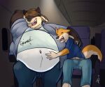  4_fingers aircraft airplane anthro arm_over_shoulder belly belly_hug big_belly black_nose blue_bottomwear blue_clothing blue_jacket blue_pants blue_shirt blue_topwear bottomwear brown_body brown_fur brown_hair canid canine canis clothing countershading dingo duo embrace exposed_belly eyes_closed fangs fingers fur hair hand_behind_head hand_on_back hand_on_stomach hands_on_belly holding_stomach hug hybrid jacket male mammal moobs navel obese obese_anthro obese_male open_mouth overweight overweight_anthro overweight_male pants pink_tongue rumbling_stomach shirt shokoraku sitting sleeping sound_effects tanio teeth tongue topwear ty_(ilovedoc) white_belly wolf yellow_body yellow_fur 