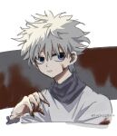  1boy blood blood_on_clothes blood_on_face blood_on_hands blue_eyes highres hunter_x_hunter iorieggs514 killua_zoldyck male_focus messy_hair portrait shirt solo twitter_username white_hair white_shirt 
