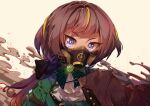  1girl absurdres alternate_costume anya_melfissa bangs bow bowtie brown_hair brown_jacket crover dress eyelashes gem green_dress highres hololive hololive_indonesia jacket looking_at_viewer official_alternate_costume potion purple_eyes simple_background solo steampunk virtual_youtuber 