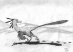  ambiguous_gender dinosaur dromaeosaurid feathered_dinosaur feathers feral footprint graphite_(artwork) greyscale lied_etal monochrome nude pencil_(artwork) reptile scalie signature simple_background solo talons theropod traditional_media_(artwork) velociraptor white_background 