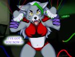  4:3 absurd_res angry anthro bent_legs bound breasts claws evil_grin eyeshadow fangs female five_nights_at_freddy&#039;s five_nights_at_freddy&#039;s:_security_breach forced growling hair head_tuft hi_res long_hair makeup montgomery_gator_(fnaf) natural_breasts open_mouth procyoni roaring roxanne_wolf_(fnaf) scottgames smile solo thick_thighs trapped tuft video_games wire 