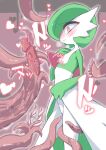  1girl bangs blush bob_cut breath closed_mouth colored_skin commentary_request flat_chest from_side gardevoir green_hair green_skin hand_on_own_chest hand_up heart highres imminent_penetration looking_down m3_(gardevoir_m3) multicolored_skin nervous nose_blush outline pokemon pokemon_(creature) profile pussy_juice red_background red_eyes short_hair sideways_mouth solo standing tears tentacles thighs translation_request two-tone_skin white_outline white_skin 