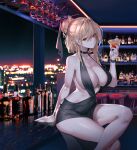  1girl absurdres alcohol bar black_dress blonde_hair breasts choker cleavage cocktail_glass crossed_legs cup dress drinking_glass earrings highres indoors jewelry large_breasts looking_at_viewer original red_eyes sideboob sitting smile solo thighs whois 