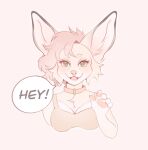 anthro breasts bulochka bust_portrait canid canine cleavage clothed clothing collar dialogue digital_media_(artwork) english_text eyelashes female fox green_eyes hair hi_res looking_at_viewer mammal open_mouth pink_collar pink_hair portrait simple_background solo speech_bubble talking_to_viewer text 
