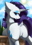  blue_eyes butt cutie_mark digital_media_(artwork) dock equid equine eyelashes eyeshadow featureless_crotch female feral friendship_is_magic fur grass hair hasbro hi_res horn inner_ear_fluff looking_back makeup mammal my_little_pony plant purple_hair purple_tail raised_tail rarity_(mlp) tuft unicorn white_body white_fur yuris_(artist) 