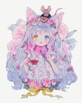  1girl animal_ear_fluff animal_ears animal_on_head bangs blue_eyes blush cat_ears cat_girl commentary conago2 dress flower grey_hair hair_flower hair_ornament heterochromia highres long_hair mouse on_head open_mouth original pink_flower pink_scarf ribbon rose scarf short_sleeves solo white_background white_dress yellow_eyes yellow_ribbon 