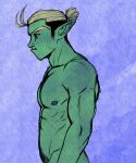  2022 blonde_hair blue_background blue_nipples digital_drawing_(artwork) digital_media_(artwork) drawfee drawtectives dreamscreep green_body green_skin gyorik_rogdul hair half_orc hi_res humanoid humanoid_pointy_ears male muscular muscular_male nipples nude orc ponytail pubes sharp_teeth shirtless side_view simple_background solo teeth undercut 