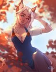  1girl animal_ear_fluff animal_ears artist_name blue_dress blue_eyes breasts collarbone commentary dress freckles hand_up heterochromia highres looking_at_viewer losse_(personal_ami) medium_breasts original personal_ami short_hair short_sleeves sitting smile solo tail thick_eyebrows white_hair yellow_eyes 