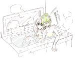  2girls absurdres ahoge alternate_hairstyle arm_up assault_lily bangs bare_arms bare_shoulders bath bathing bathroom behind_another blush breasts brown_eyes cleavage closed_mouth collarbone egawa_kusumi from_above grey_hair hair_between_eyes hair_bun hairband hand_on_another&#039;s_head hand_on_own_chest hand_up heads_together highres indoors jewelry knees_up long_hair looking_at_viewer looking_up medium_breasts multiple_girls naked_towel nose_blush open_mouth partially_colored partially_submerged ring shared_bathing short_hair sidelocks single_hair_bun single_side_bun sitting sketch sorato_(astllatte) steam tanaka_ichi towel translated water water_drop wet white_background white_hairband window yuri 