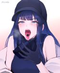  1girl absurdres artist_name bangs bare_shoulders baseball_cap black_gloves black_hair black_headwear black_mask black_shirt blue_archive blue_eyes blunt_bangs blush breasts candy chocolate coat english_commentary food food_in_mouth gloves gradient gradient_background hand_up hat heart heart-shaped_chocolate highres holding holding_mask long_hair mask mask_removed medium_breasts melting mouth_mask off_shoulder open_mouth pink_background saori_(blue_archive) shirt sidelocks sleeveless sleeveless_shirt solo steam teeth tongue tongue_out upper_body upper_teeth white_background white_coat y0ung 