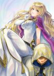  1boy 1girl :d akuru_(akr369akr) armlet blonde_hair breasts cape coat commentary_request commission dress faceless faceless_male fire_emblem fire_emblem_heroes gloves green_eyes hood hooded_coat kiran_(fire_emblem) large_breasts long_hair purple_cape riding saint_elimine_(fire_emblem) skeb_commission smile sweatdrop very_long_hair wavy_hair white_coat white_dress white_gloves 