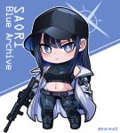  1girl armband assault_rifle bangs bare_shoulders baseball_cap belt black_footwear black_gloves black_hair black_headwear black_pants black_shirt blue_archive blue_eyes blunt_bangs boots breasts character_name chest_harness chibi coat commentary copyright_name crop_top cross-laced_footwear frown full_body gloves groin gun halo harness hat holding holding_gun holding_weapon holster knife_holster kurono lace-up_boots long_hair looking_at_viewer medium_breasts midriff navel no_mask off_shoulder open_clothes open_coat pants rifle saori_(blue_archive) shirt sidelocks sig_516 sig_sauer sleeveless sleeveless_shirt snap-fit_buckle solo standing thigh_holster twitter_username underbust weapon white_background white_coat 
