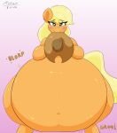  2022 absurd_res applejack_(mlp) astrum_(artist) belly big_belly blonde_hair blush clothing cowboy_hat earth_pony equid equine eyelashes female feral freckles friendship_is_magic green_eyes hair half-closed_eyes hasbro hat headgear headwear hi_res horse hyper hyper_belly inner_ear_fluff looking_at_viewer mammal mouth_hold my_little_pony narrowed_eyes navel orange_body pony signature smile tuft 