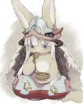  1girl 1other androgynous animal_ears animal_hands bowl brown_fur child commentary_request ears_through_headwear eating fake_horns food furry helmet highres holding holding_bowl holding_spoon horizontal_pupils horned_helmet horns iorieggs514 made_in_abyss nanachi_(made_in_abyss) on_ground other_focus pants puffy_pants simple_background sitting spoon topless twitter_username whiskers white_hair wooden_bowl wooden_spoon yellow_eyes 