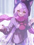  1girl absurdres animal_ears animal_hood bangs blurry blurry_background cat_girl cat_hood commission cowboy_shot enpera hair_between_eyes hands_up highres hood hood_up hoodie long_hair long_sleeves looking_at_viewer merukoodo open_mouth original outstretched_hand pantyhose paw_print purple_eyes purple_hair purple_hoodie purple_scarf scarf skeb_commission smile snowing solo striped striped_scarf teeth upper_teeth very_long_hair 
