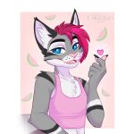  &lt;3 1:1 2022 5_fingers anthro chest_tuft clothing digital_media_(artwork) domestic_cat ei-ka felid feline felis fingers food fruit fur grey_body grey_fur hi_res male mammal melon open_mouth pink_clothing pink_shirt pink_topwear plant shirt simple_background smile solo teeth tongue topwear tuft watermelon white_body white_fur 