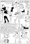  black_and_white canid canine canis clothing comic cybernetics cyborg english_text female fox hi_res humor jackal machine maid_uniform male mammal monochrome robot sex tegerio text uniform 