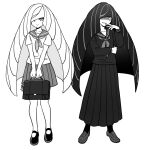  2girls bag black_footwear collarbone dede_(qwea_00000) dual_persona evil_smile greyscale hair_over_one_eye holding holding_bag long_hair looking_at_viewer lusamine_(pokemon) monochrome multiple_girls pokemon pokemon_(game) pokemon_sm sailor_collar school_uniform simple_background skirt smile very_long_hair white_background 