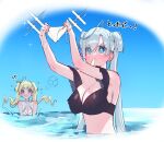  !? 2girls @_@ arms_up bangs bikini bikini_removed black_bikini blonde_hair blush breasts choker cleavage criss-cross_halter eve_(yayoi_maka) eyes_visible_through_hair floating_hair flying_sweatdrops grey_hair halterneck highres holding holding_clothes holding_swimsuit large_breasts long_hair minase_alice_(yayoi_maka) mole mole_on_breast multiple_girls off-shoulder_bikini off_shoulder original partially_submerged pink_eyes popsicle_in_mouth side-tie_bikini swimsuit tan tanlines translation_request twintails v-shaped_eyebrows white_bikini white_choker yayoi_maka 