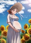  1girl absurdres bangs big_belly blue_bow blush bow breasts brown_eyes brown_hair brown_headwear chinese_commentary cloud dated flower from_side hair_bow hat hat_bow highres looking_down medium_breasts original parted_bangs ponytail pregnant red_bow sakuranohako sky smile solo sun_hat sunflower 