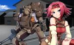  1girl blue_eyes breasts code_geass detached_sleeves glasgow_(code_geass) gun hairband hand_on_own_thigh highres holding holding_gun holding_weapon kallen_stadtfeld knightmare_frame looking_at_viewer mecha medium_breasts mengnaidu red_hair red_hairband red_sweater red_thighhighs ribbed_sweater robot science_fiction short_hair smile sweater thighhighs weapon 
