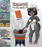 anthro anthrofied apron apron_only bedroom_eyes black_eyes black_hair breasts chef_hat cleavage clothed clothing cooking cooking_pot cutlery female fire food generation_9_pokemon hair hat headgear headwear hi_res kitchen_utensils lechonk looking_at_viewer mammal menu mostly_nude narrowed_eyes nintendo nipple_outline open_mouth paddle pig_nose pok&eacute;mon pok&eacute;morph pokemon_(species) rexy_art screencap seductive shadow sign simple_background smoke solo spanish_text spoon stirring suid suina sus_(pig) text tools video_games white_background 