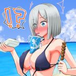  !? 1girl bikini blue_bikini blue_eyes blue_sky breasts cloud cup day disposable_cup drinking_straw drinking_straw_in_mouth food front-tie_bikini front-tie_top grey_hair hair_ornament hair_over_one_eye hairclip hamakaze_(kancolle) highres holding holding_food holding_skewer kantai_collection large_breasts object_on_breast outdoors skewer sky solo sosser speech_bubble swimsuit upper_body wardrobe_malfunction 