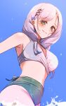  1girl absurdres armpits bangs bikini blush braid braided_bangs breasts chillout_tang front_braid green_eyes hair_ornament highres hololive hololive_indonesia looking_at_viewer medium_hair navel pavolia_reine simple_background smile solo swimsuit thighs virtual_youtuber white_bikini 