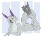  3_toes 5_fingers anthro arbaran bao_(hibris) claws eyebrows feet fingers fur hibris long_ears long_tail male multicolored_body multicolored_fur nude purple_flesh red_eyebrows red_eyes scalie simple_background solo toes yellow_sclera 