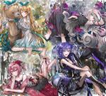  4girls asano_(kazusasn) barefoot black_dress blue_eyes blue_nails braid bug butterfly collarbone dress grey_hair hair_behind_ear heterochromia highres kneeling long_hair looking_at_viewer lying multiple_girls nail_polish nijisanji nijisanji_en on_stomach open_hand pink_dress pink_hair pointy_ears pomu_rainpuff purple_eyes purple_hair purple_nails reimu_endou rosemi_lovelock selen_tatsuki short_sidetail sitting smile soles the_pose toenail_polish toenails twin_braids very_long_hair virtual_youtuber 