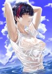  1girl arms_behind_head black_hair blue_sky blush breasts cleavage cloud day looking_at_viewer nipples no_bra ocean original outdoors parted_lips partially_submerged red_hair see-through short_hair sky solo tsukumo_nikyu two_side_up wet wet_clothes 