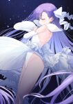  1girl bangs bare_shoulders blush breasts closed_eyes coffeekite detached_collar detached_sleeves dress fate/extra fate/extra_ccc fate/grand_order fate_(series) hair_ribbon highleg highleg_dress highres long_hair meltryllis_(fate) purple_hair ribbon small_breasts thighs very_long_hair white_dress white_ribbon wide_sleeves 