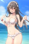  1girl absurdres akahi242 bikini black_hair blurry blurry_background blush breasts brown_eyes cleavage collarbone cowboy_shot day hair_between_eyes hair_ornament hairband hairclip haruna_(kancolle) highres kantai_collection large_breasts long_hair open_mouth outdoors solo swimsuit white_bikini white_hairband 