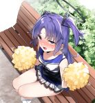  1girl bangs bench blue_archive blush cheerleader crop_top halo highres holding holding_pom_poms kandori open_mouth parted_bangs pleated_skirt pom_pom_(cheerleading) purple_eyes purple_hair shoes sitting skirt sleeveless sneakers solo sweat two_side_up yuuka_(blue_archive) 
