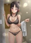  1girl absurdres bangs bare_legs black_bra black_hair black_panties blush bra breasts censored hair_ribbon highres indoors kaguya-sama_wa_kokurasetai_~tensai-tachi_no_renai_zunousen~ large_breasts looking_at_viewer navel nori_chazuke panties purple_eyes ribbon shinomiya_kaguya smile thick_thighs thighs towel underwear 