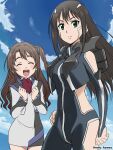  2girls ^_^ black_hair blush breasts brown_hair clenched_hands closed_eyes clothing_cutout crossover floating_hair green_eyes highres hikari_(mitsu_honey) hip_vent idolmaster idolmaster_cinderella_girls jacket long_hair medium_breasts multiple_girls pilot_suit shibuya_rin shimamura_uzuki shoulder_cutout side_ponytail smile soukyuu_no_fafner synergetic_suit white_jacket 