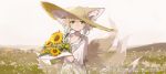  1girl arknights blonde_hair flower green_eyes hat highres holding holding_flower looking_at_viewer multiple_tails shinnasuka025 solo standing sunflower suzuran_(arknights) tail 
