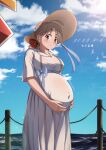  1girl absurdres bangs big_belly blue_bow blush bow breasts brown_eyes brown_hair brown_headwear chinese_commentary cloud dated from_side hair_bow hat hat_bow highres looking_down medium_breasts ocean original parted_bangs ponytail pregnant red_bow sakuranohako sky smile solo sun_hat 