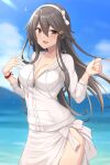  1girl absurdres akahi242 black_hair blurry blurry_background blush breasts brown_eyes cleavage collarbone cowboy_shot day hair_between_eyes hair_ornament hairband hairclip haruna_(kancolle) highres jacket kantai_collection large_breasts long_hair long_sleeves open_mouth outdoors sarong smile solo white_hairband white_jacket white_sarong 