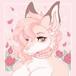  1:1 2022 anthro breasts brown_eyes bulochka bust_portrait canid canine collar collar_only digital_media_(artwork) eyelashes female flower fox fur hair icon looking_at_viewer mammal nude pink_body pink_collar pink_fur pink_hair pink_theme pixel_(artwork) plant portrait rose_(flower) solo 