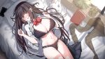  1girl absurdres artist_request bed black_bra black_hair black_panties black_skirt bow bowtie bra breasts bright_pupils check_artist cleavage clothes_lift collared_shirt colored_inner_hair commission embarrassed front-tie_bra front-tie_top hailiu hands_up highres korean_commentary lace-trimmed_bra lace-trimmed_panties lace_trim large_breasts long_hair looking_at_viewer lying mole mole_under_eye multicolored_hair navel on_back on_bed original panties pillow red_eyes rie_(mirae_yang) second-party_source shirt shirt_lift skirt solo stomach string_bra underwear unworn_skirt very_long_hair white_hair white_shirt 