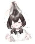  1girl 1other absurdres ahoge animal_ear_fluff animal_ears brown_hair child collared_shirt commentary_request crying disembodied_hand dress_shirt extra_ears flying_sweatdrops furrowed_brow grabbing_another&#039;s_ear hand_on_another&#039;s_ear highres ic_(iccccccccc81) komugi_mei_(ic) large_ears long_hair low_twintails one_eye_closed open_mouth original rabbit_ears shirt short_sleeves solo_focus twintails white_background white_shirt yellow_eyes 