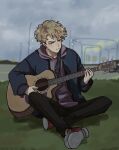  1boy animification black_pants blonde_hair blue_eyes clint_oriel commentary english_commentary grass guitar highres holding holding_guitar holding_instrument hood hood_down hoodie indian_style instrument male_focus minecraft_youtube outdoors pants purple_hoodie real_life red_shoes shoes short_hair sitting sneakers solo sweat tommyinnit 