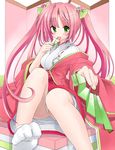  blush censored dango eating fan folding_fan food foreshortening green_eyes hair_ornament highres japanese_clothes kimono long_hair no_panties off_shoulder original pink_hair pussy sanshoku_dango skewer solo suika_(kinokoh) tabi toe_scrunch toes twintails wagashi 