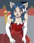 anthro armwear blush cartoon_hangover claire_(the_summoning) clothing colored darkeros date_pov elbow_gloves felid female flat_chested gloves handwear mammal portrait shoulderless_dress simple_background solo the_summoning