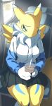 absurd_res ando anthro bandai_namco black_pleated_skirt bottomwear canid canine clothing digimon digimon_(species) female hi_res hoodie looking_down mammal pleated_skirt renamon sad skirt solo solo_focus topwear